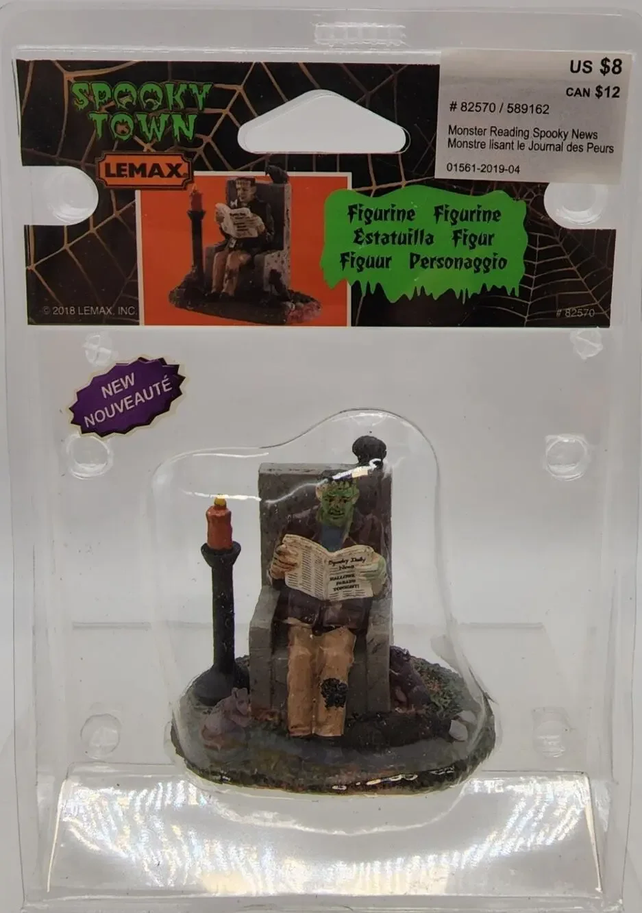 Lemax Spooky Town Frankenstein's Monster Reading Spooky News 2018- 82570